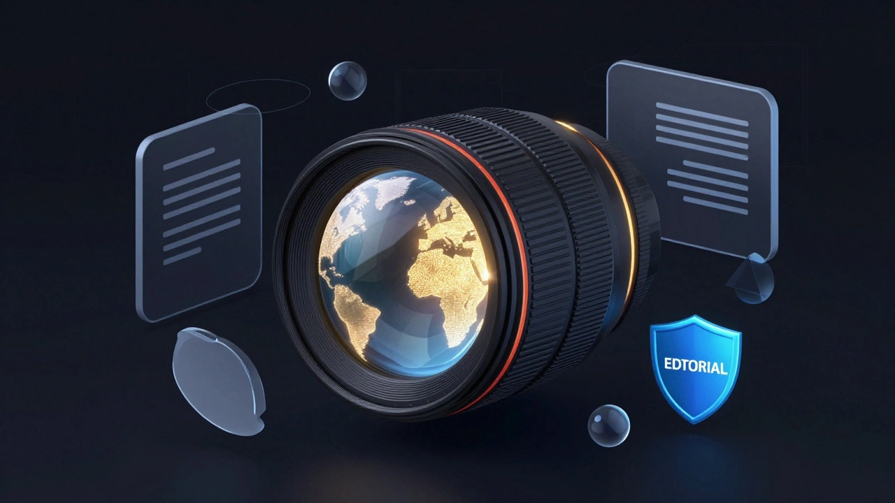 Abstract camera lens reflecting commercial and editorial licensing concepts.