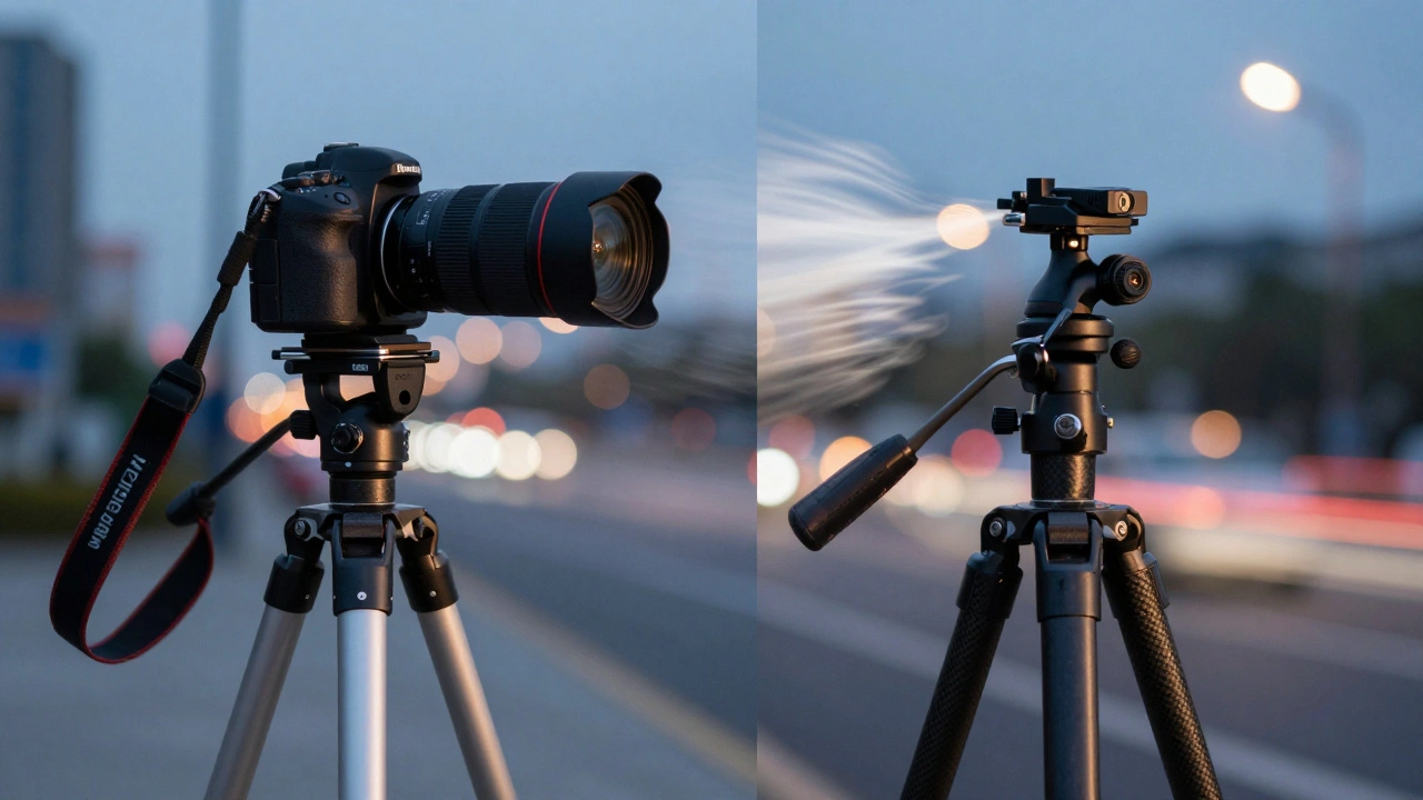 An aluminum tripod holds steady in wind while a carbon fiber model shakes, causing motion blur.