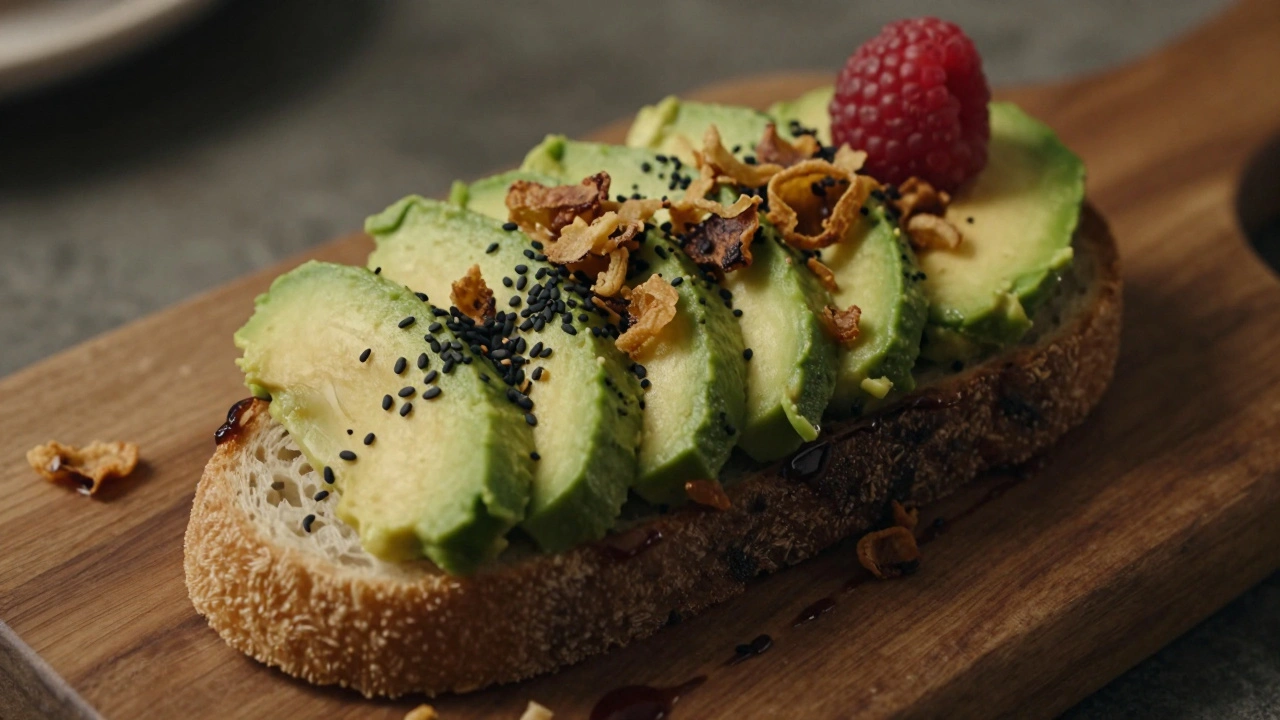 Avocado toast with black sesame seeds, crispy shallots, and a raspberry on a wooden board.