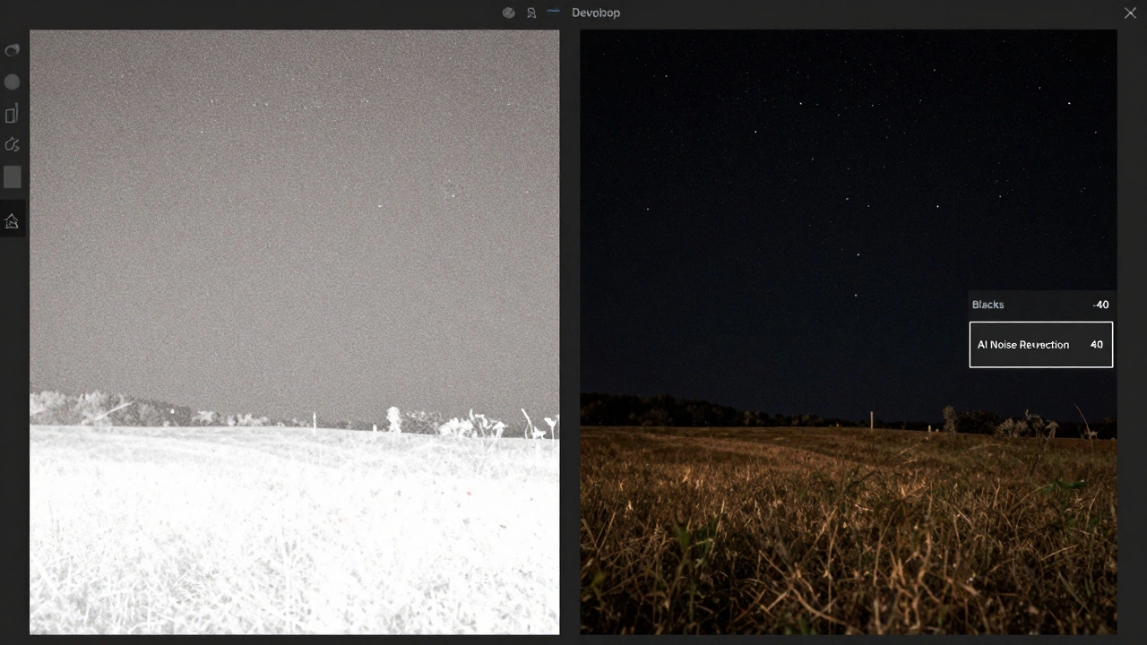 Before-and-after comparison of a night photo in Lightroom, showing noise reduction with deep blacks and preserved detail.