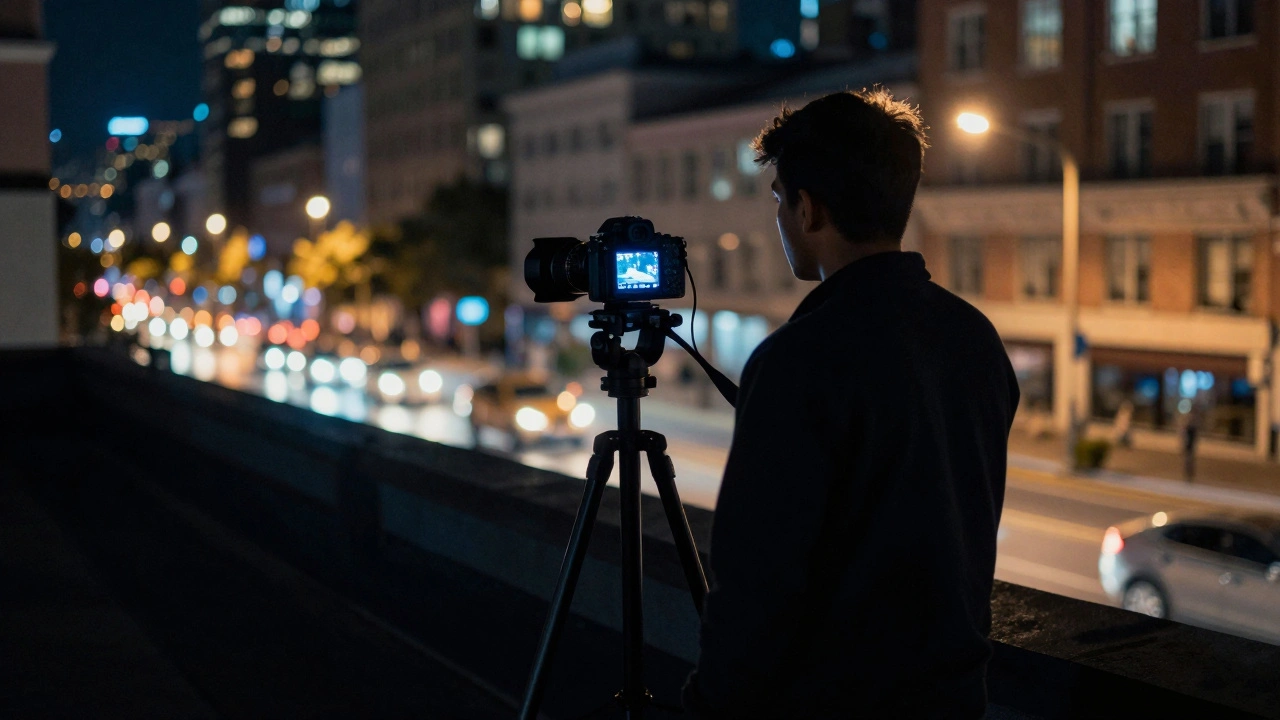 Camera on tripod capturing a human figure with city lights as a second exposure layer.