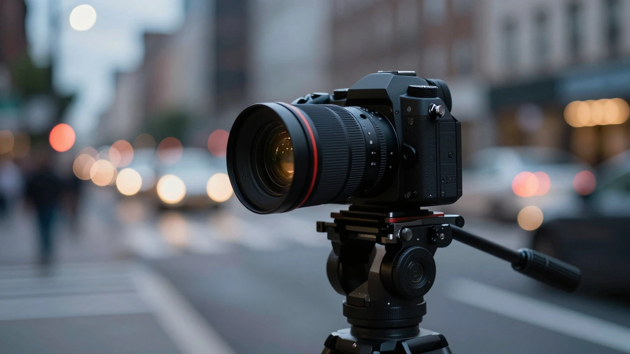 Camera on tripod focused on city intersection lights.