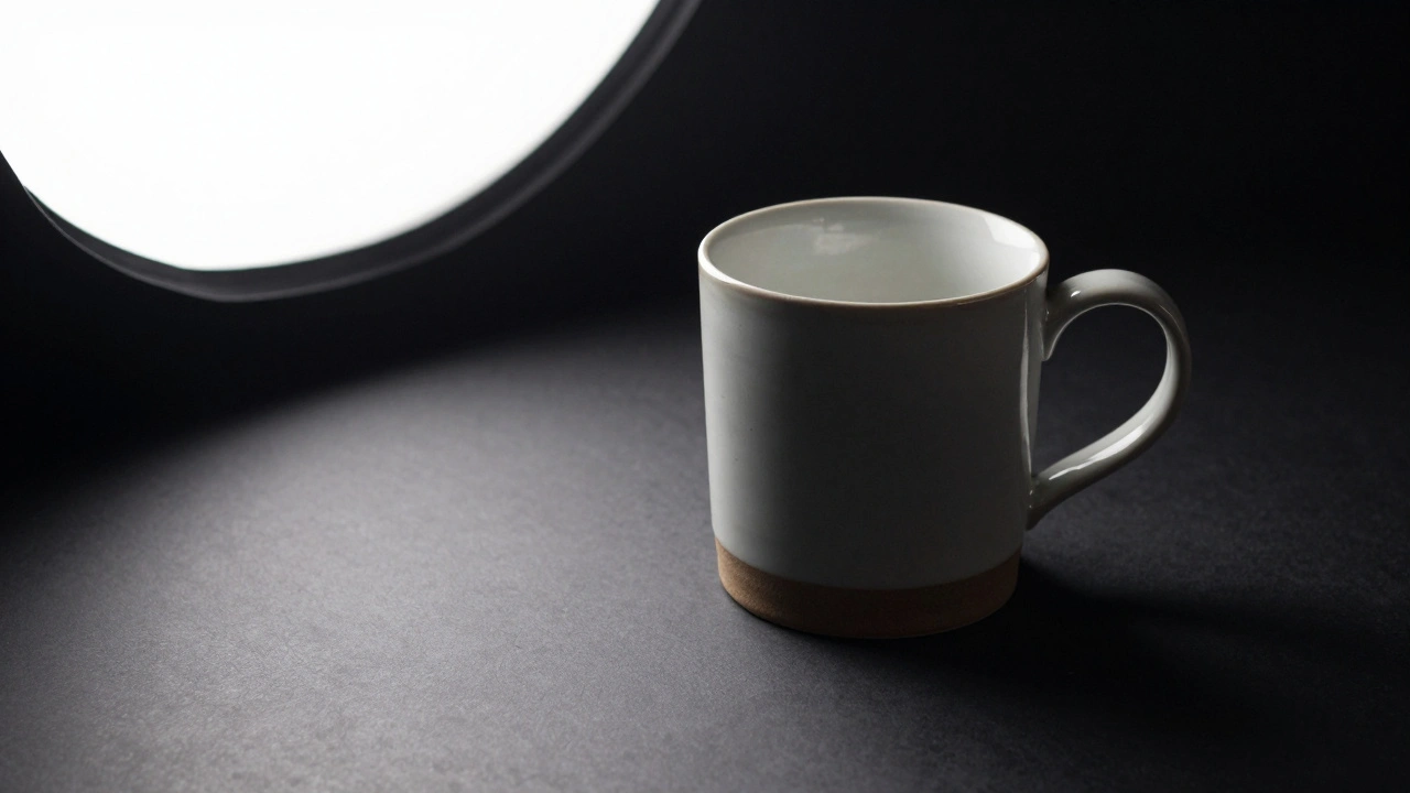 Ceramic mug casting a natural shadow on black surface, lit by soft studio light.