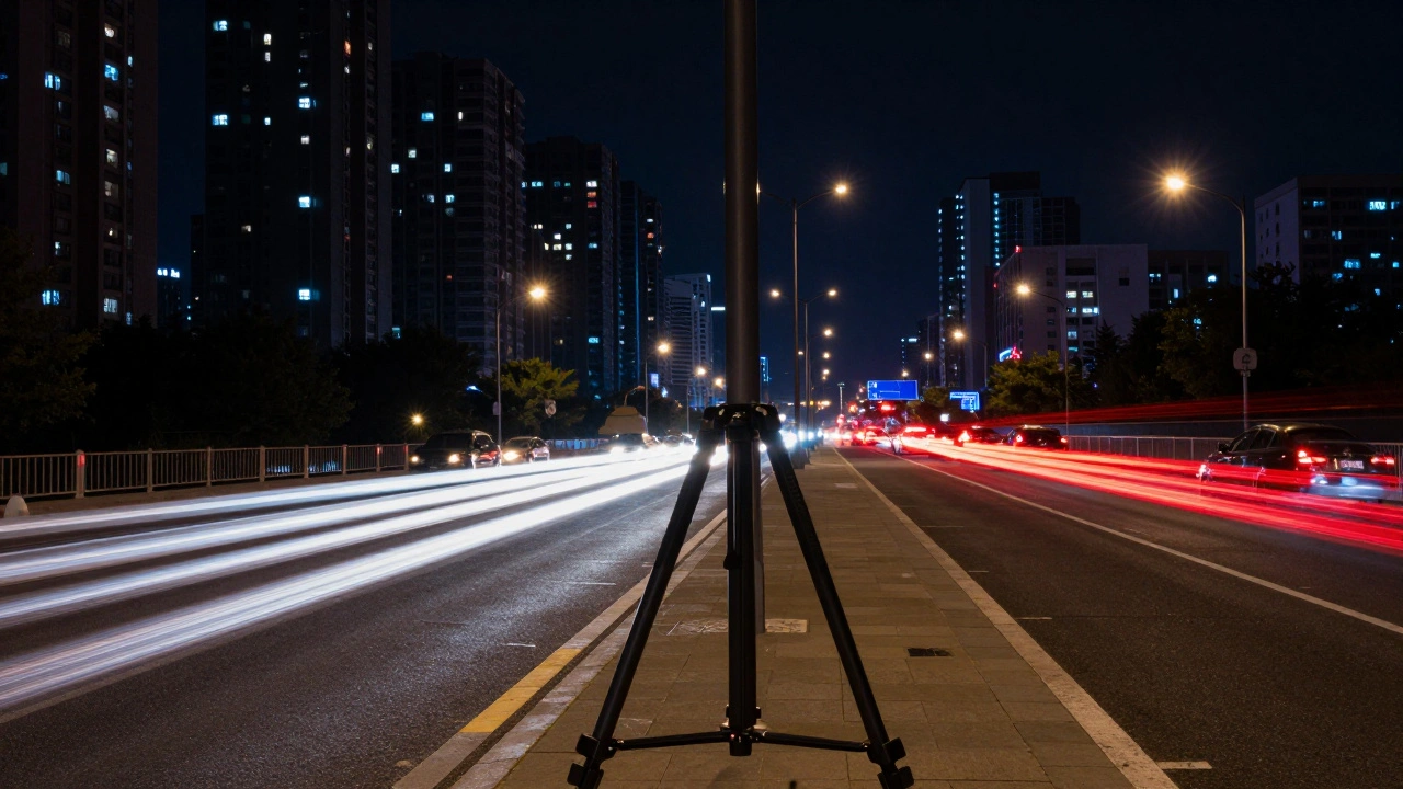 City bridge with car light trails and camera tripod