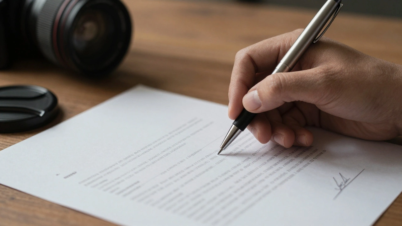 Close-up of a hand holding a pen over a blank legal contract document.