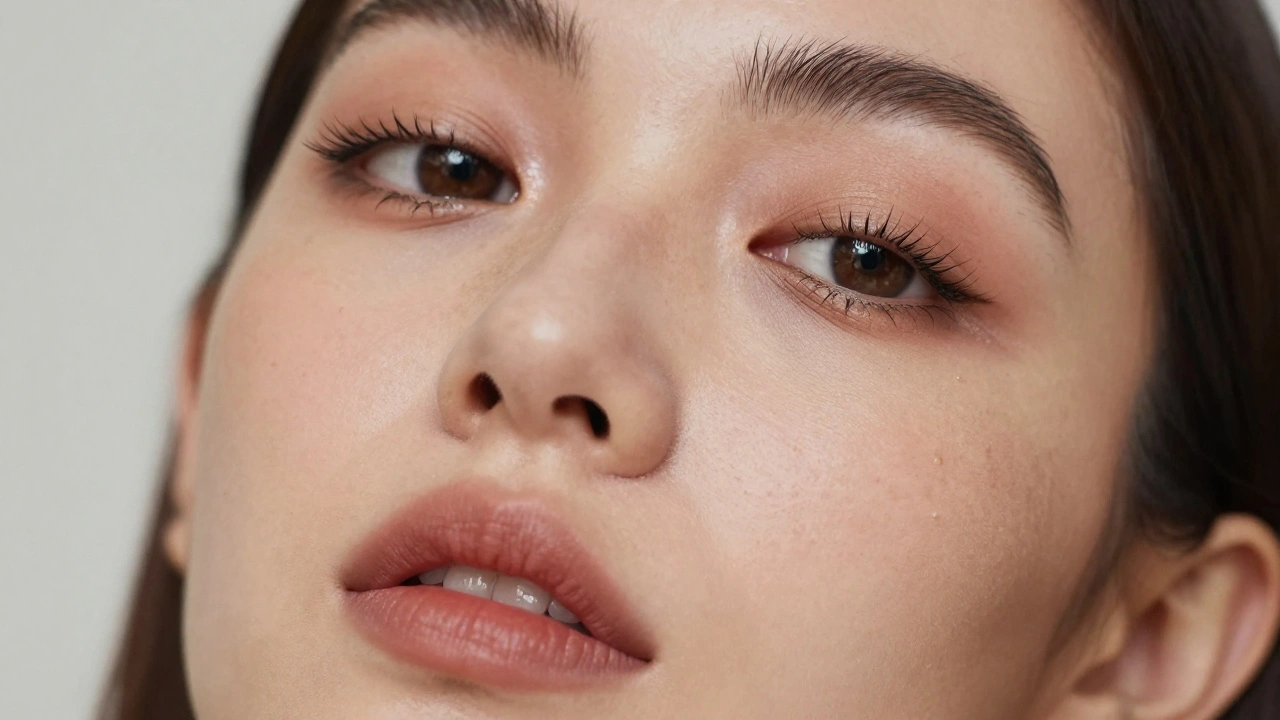 Close-up of a model's face at a low angle, with sharp eyes, natural lashes, and subtle makeup under refined studio lighting.