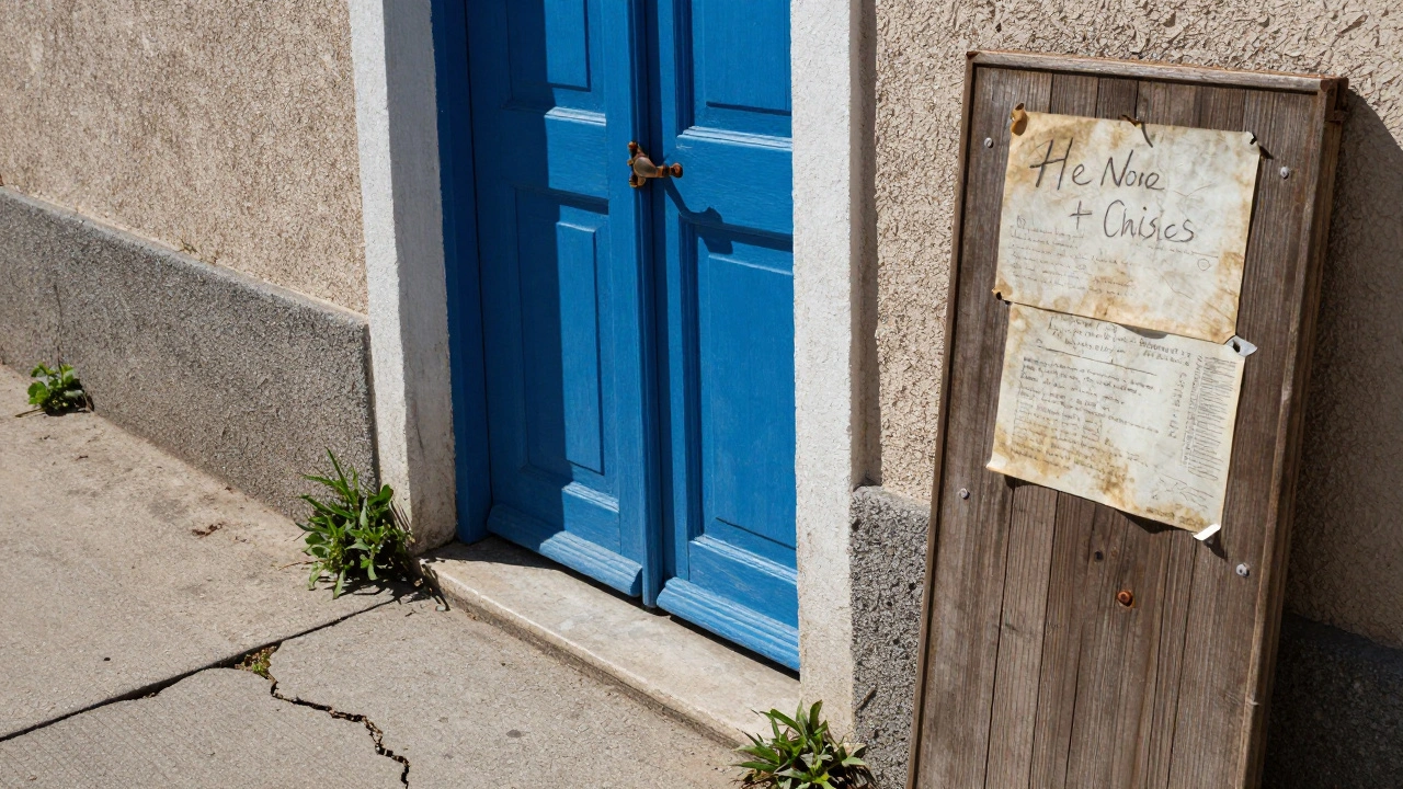 Close up of a vintage painted door with peeling weathered wood.