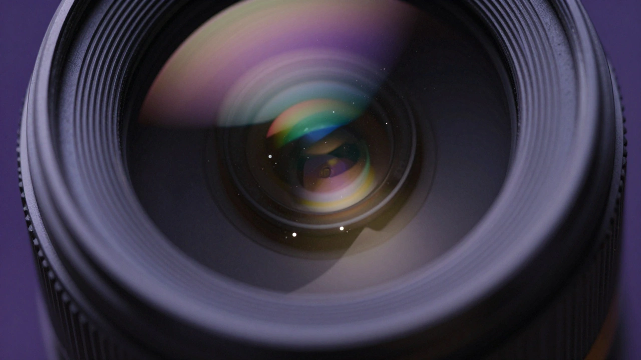 Close-up of camera lens glass reflecting starlight and aperture details
