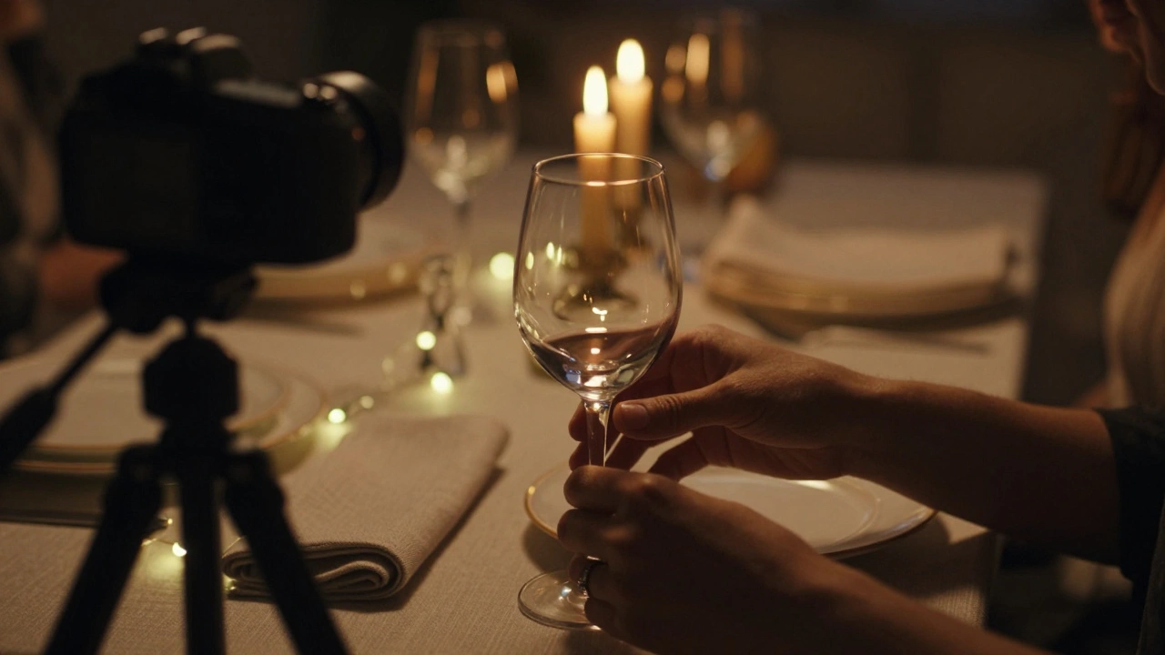 Close-up of hands holding a wine glass, candle reflections glinting on crystal, blurred background of warm bokeh.