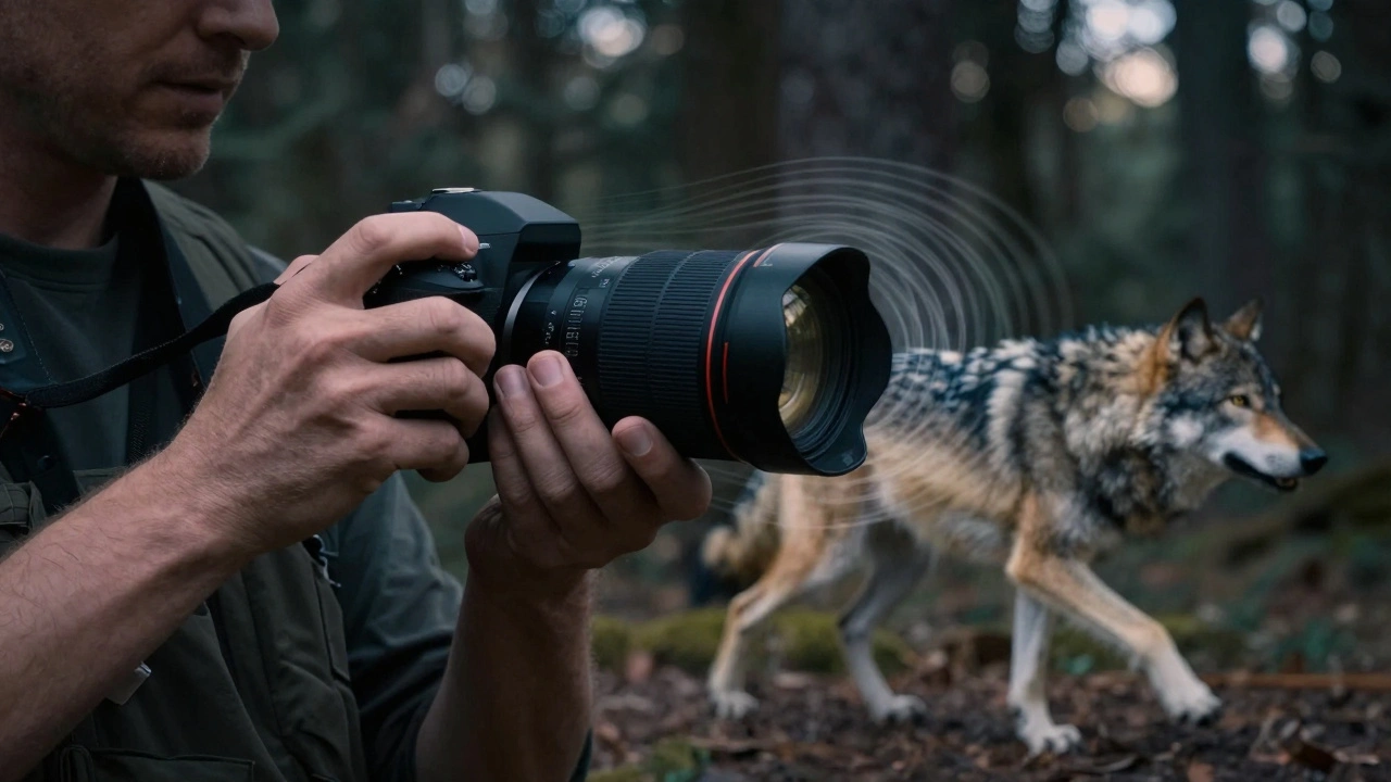 Close-up of hands steadying a long lens with faint vibration waves fading into a sharp third frame of a wildlife burst shot.