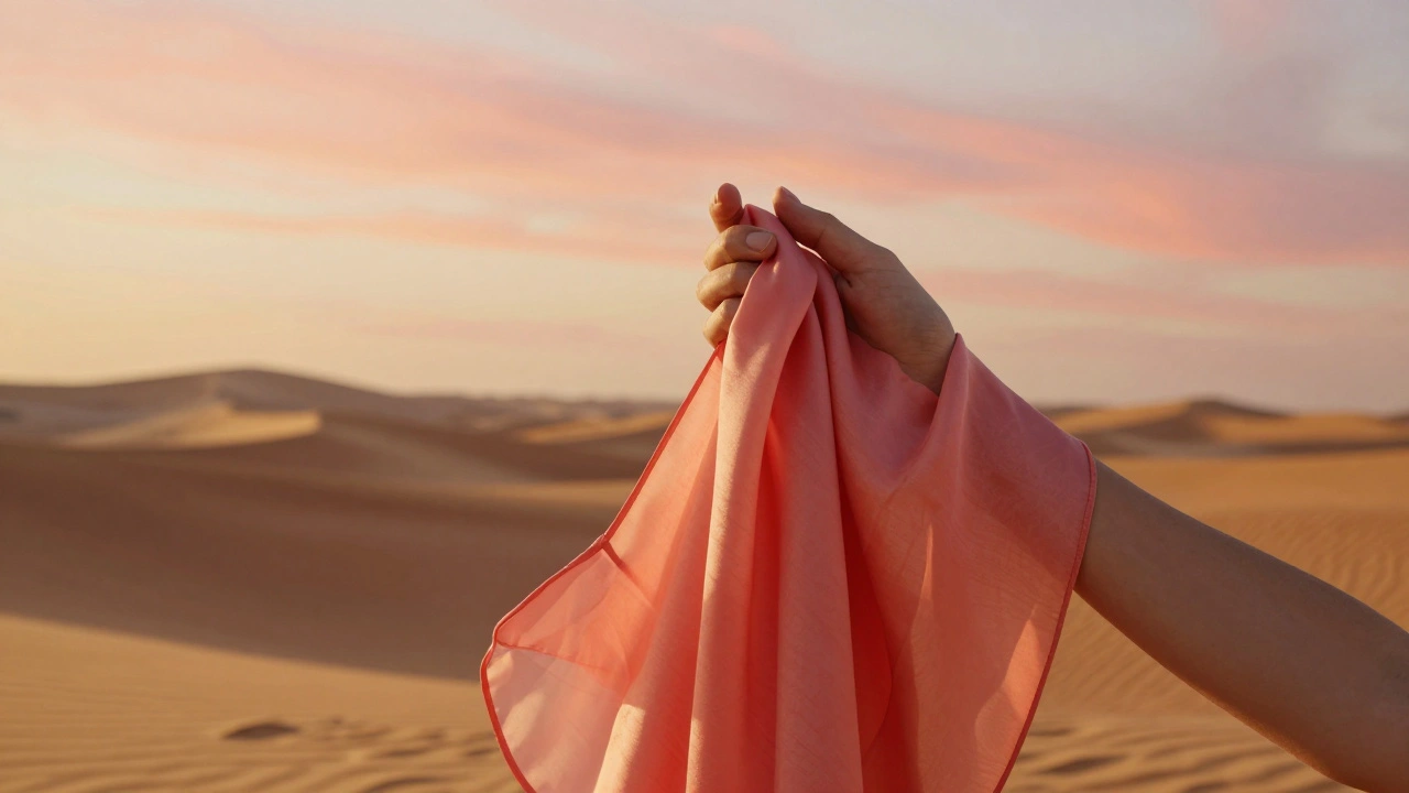 Coral scarf held against Dubai desert at golden hour, echoing the warm tones of dunes and sky.