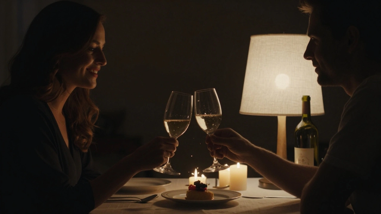 Couple toasting in low light, one profile gently lit by a diffused bulb, a mirror reflecting candle flame onto dessert.