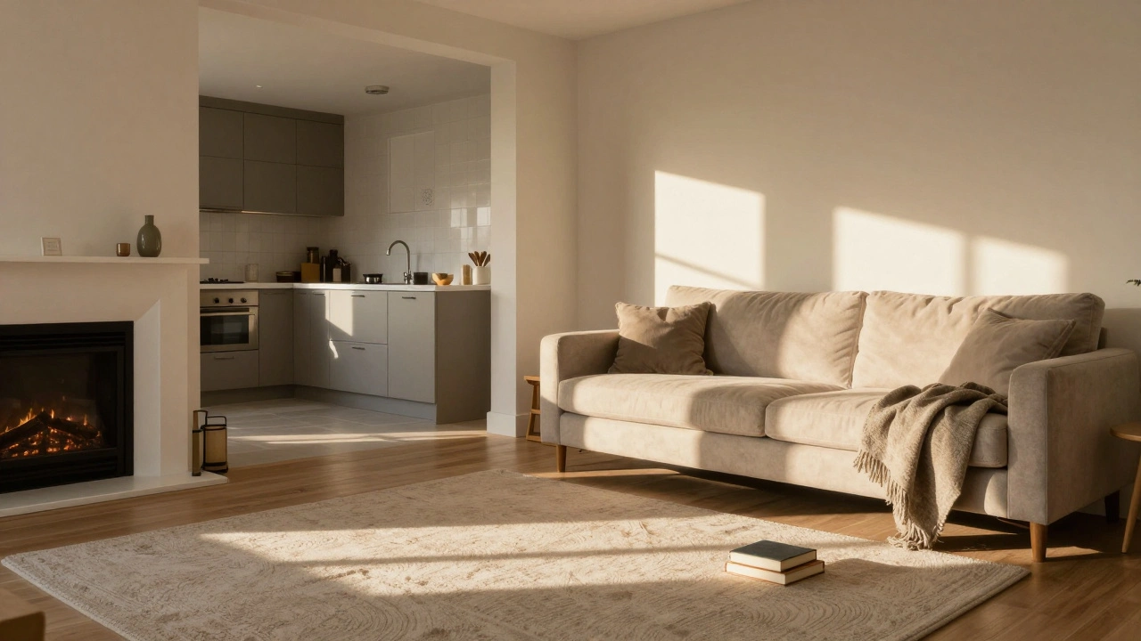 Cozy living room with sunlight on rug and open flow to kitchen, no clutter.