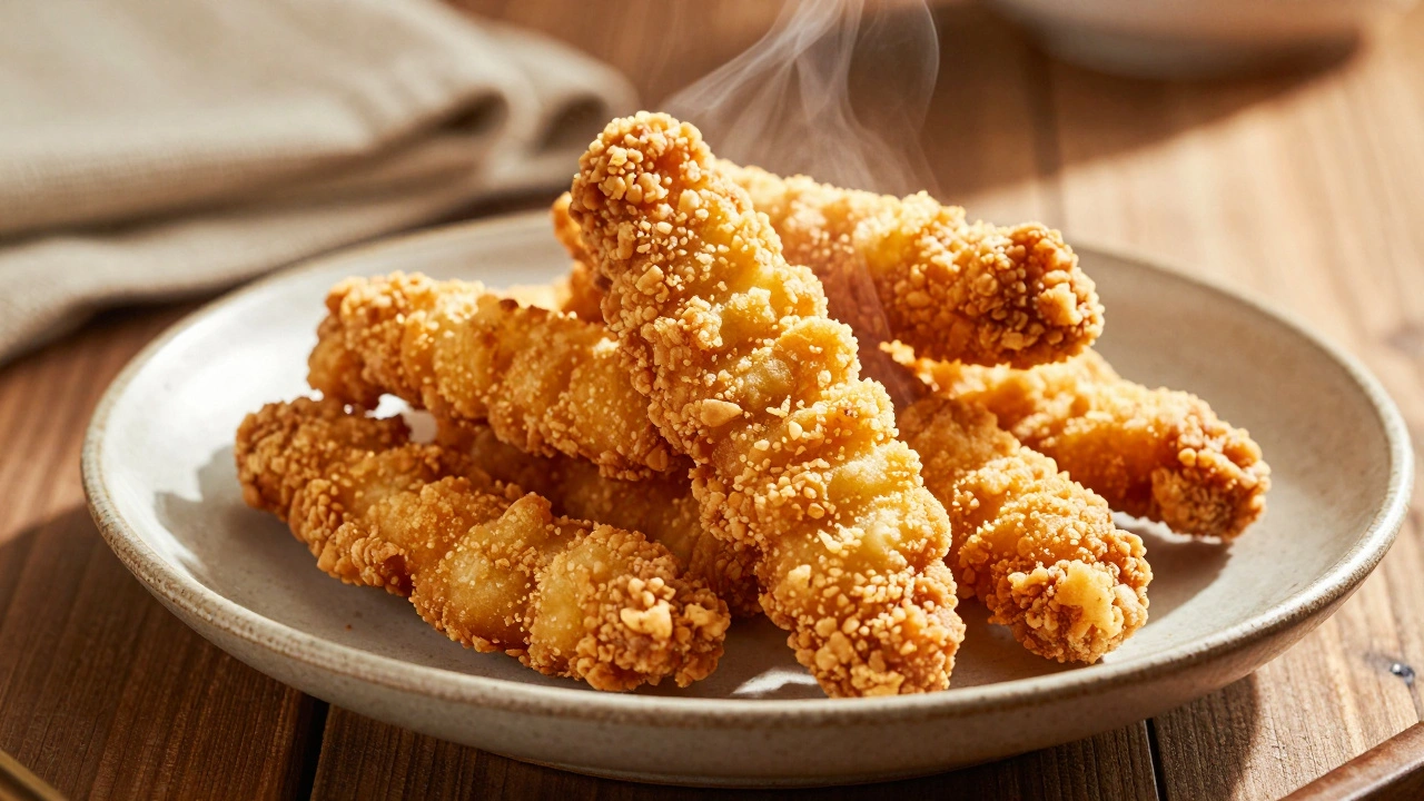 Crispy fried chicken tenders lit from the side to emphasize breading texture and golden crunch.