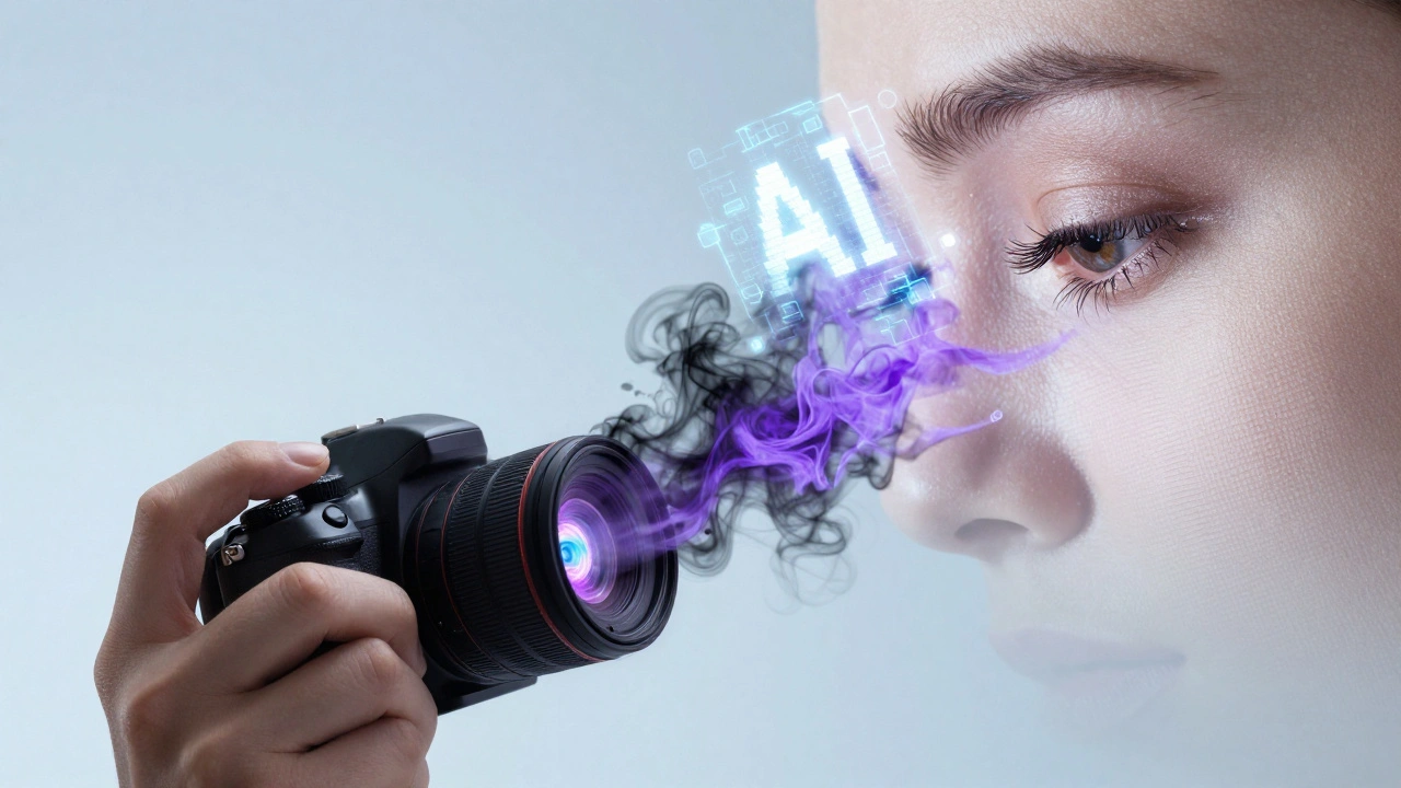 Digital noise being converted into sharp details by an AI algorithm above a camera