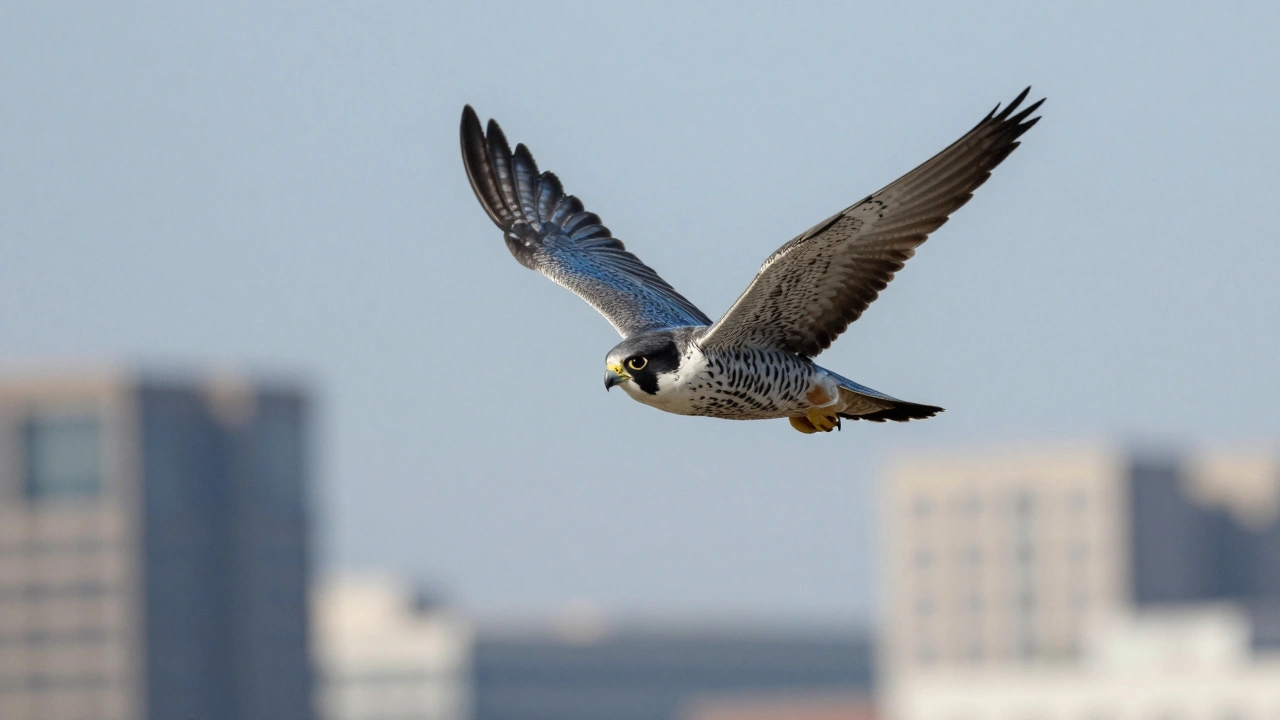 Falcon flying with open space ahead in sky