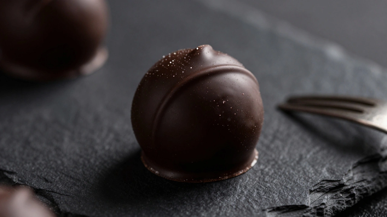 Glossy chocolate truffle close up with bright highlights
