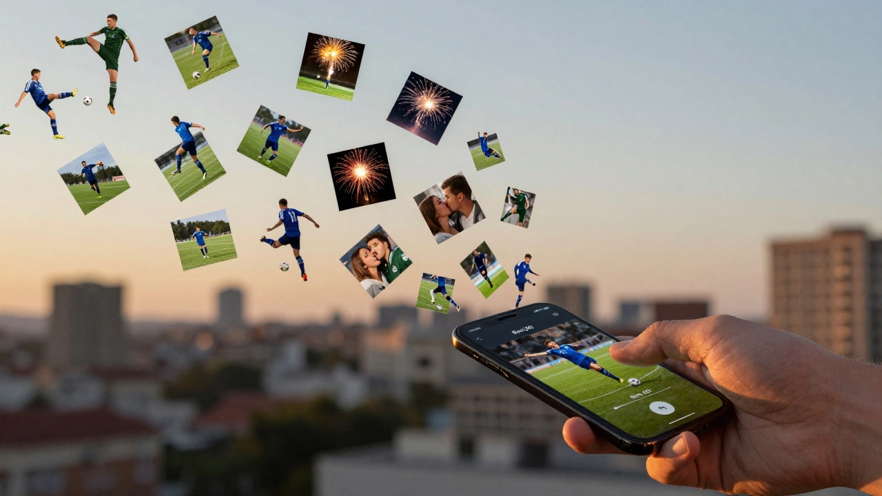 Hand holding a phone with 20 action frames floating upward, showing sports, celebrations, and candid moments.