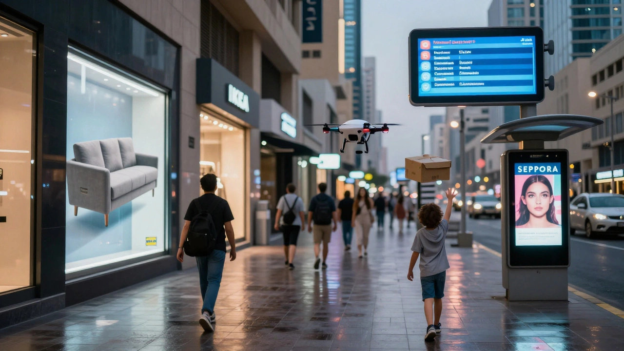Holographic product displays float above store windows in a futuristic city street.