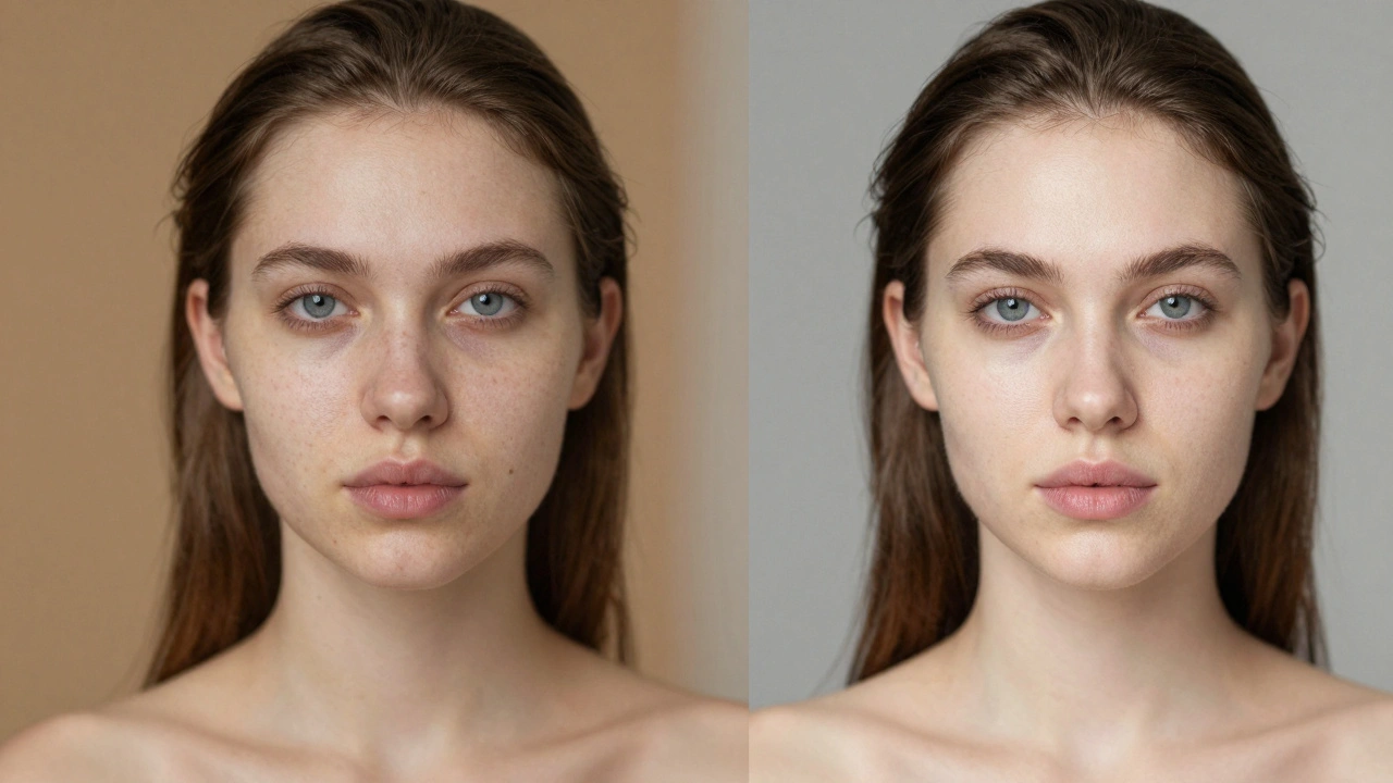 Layered image showing natural skin texture beneath a smoothed tone layer, with minimal retouching preserving realism.