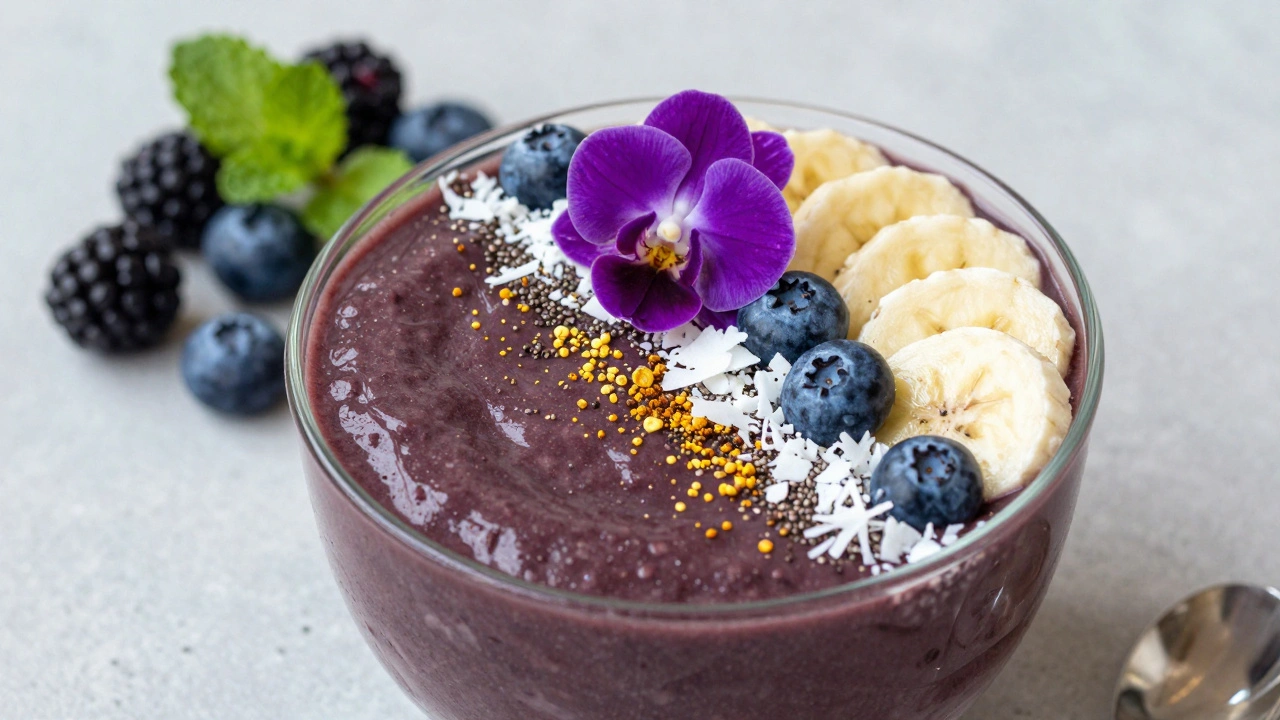 Layered smoothie bowl with edible orchid, berries, and bee pollen under soft light.