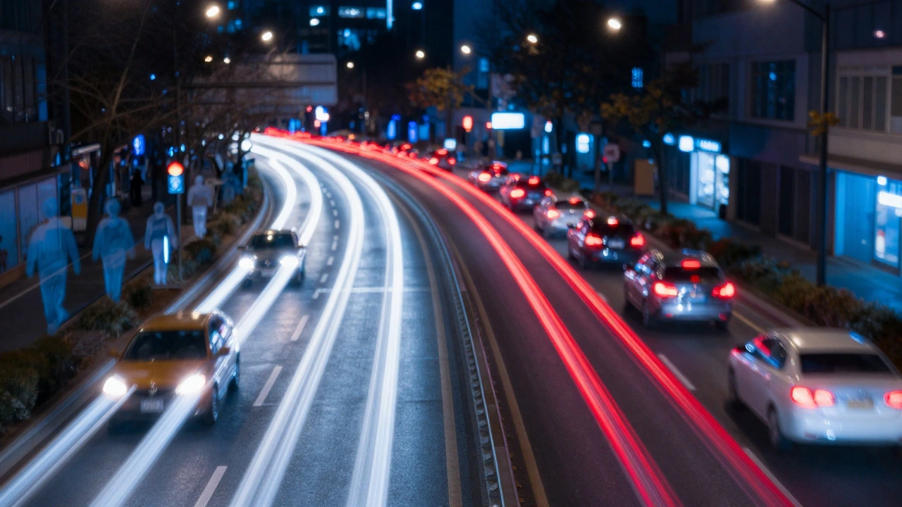 Long exposure city street with red traffic light trails.