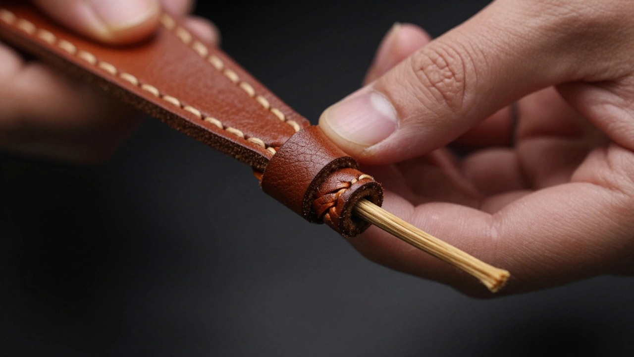 Magnified detail of a single hand-stitched thread showing fiber texture and precise knotting.