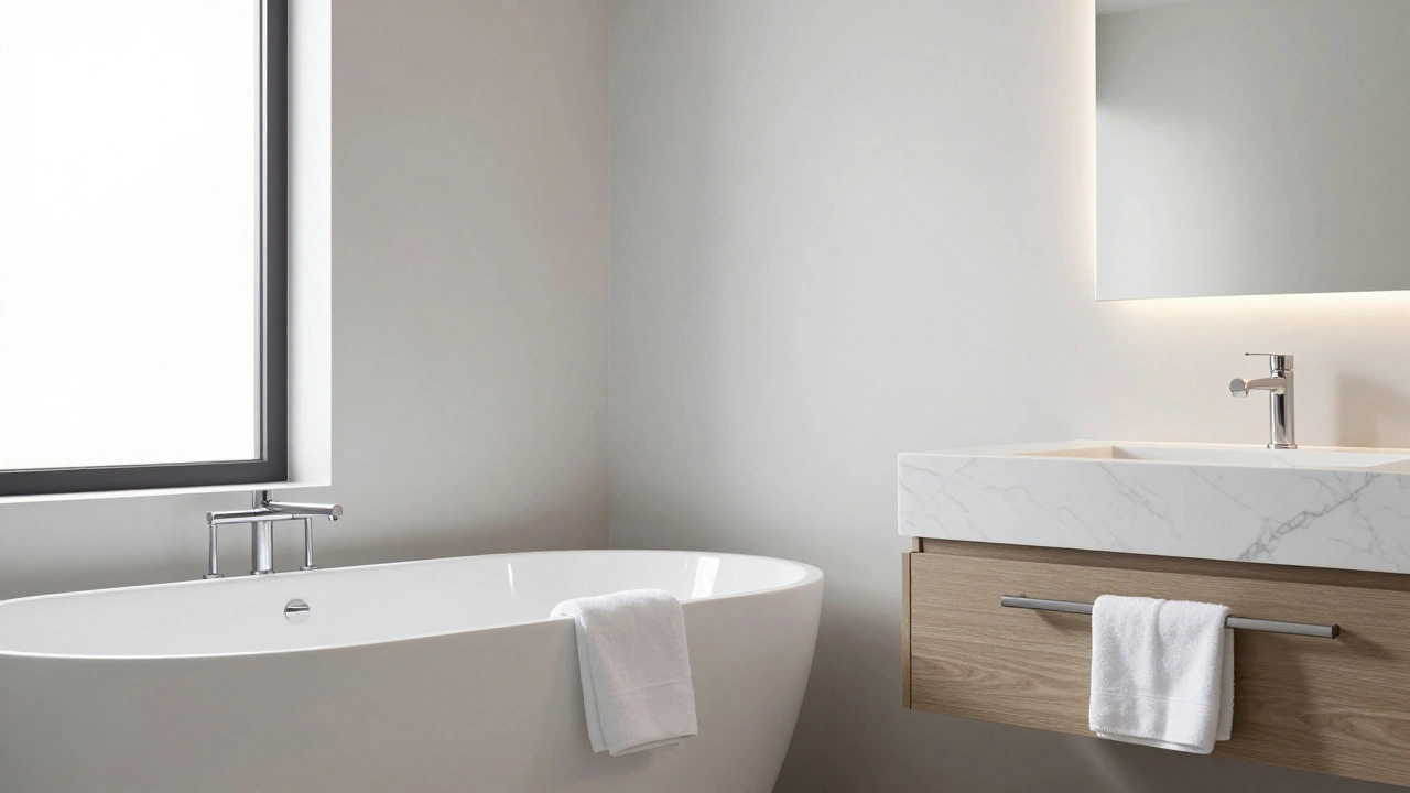 Minimalist bathroom with freestanding tub and marble vanity in soft daylight.