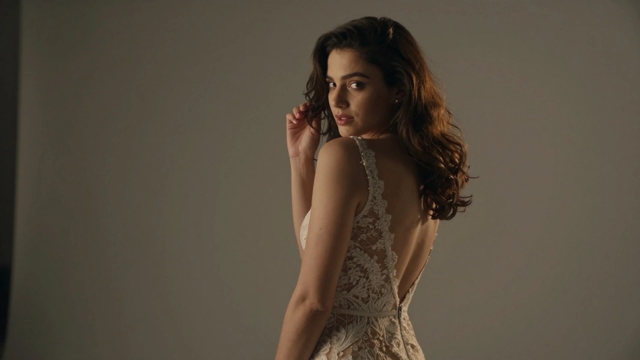 Model glancing back over her shoulder, revealing intricate lace detailing on a back-zip gown with soft hair movement.