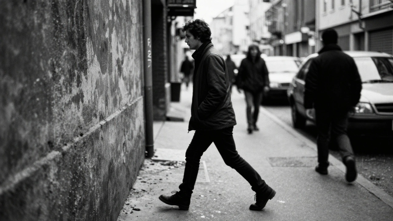 Monochrome street photo of pedestrian captured mid-walk.