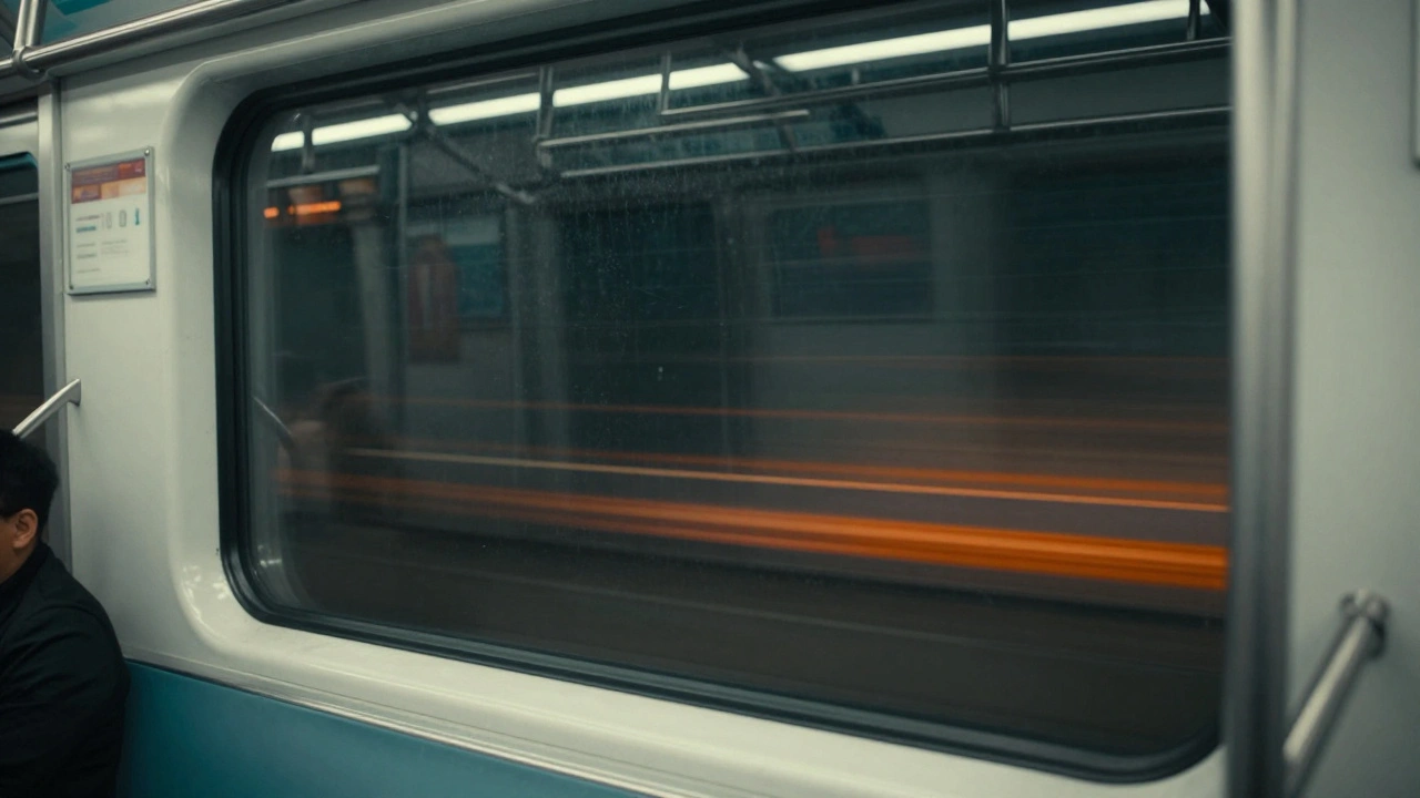 Passenger reflection in train window with motion blur lights