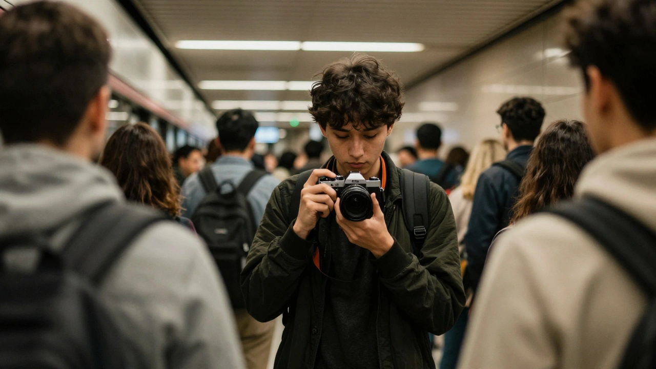Person holding compact camera discreetly in transit hall