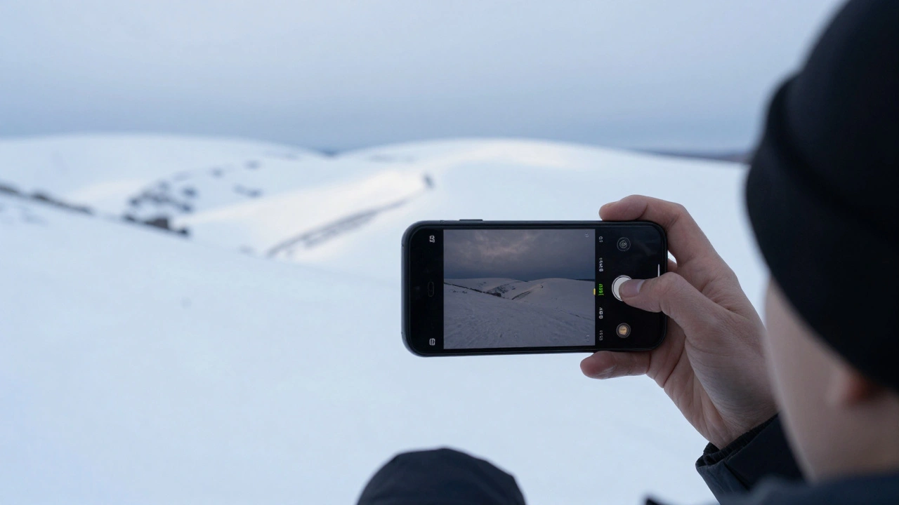 Person photographing bright white snow on mobile phone