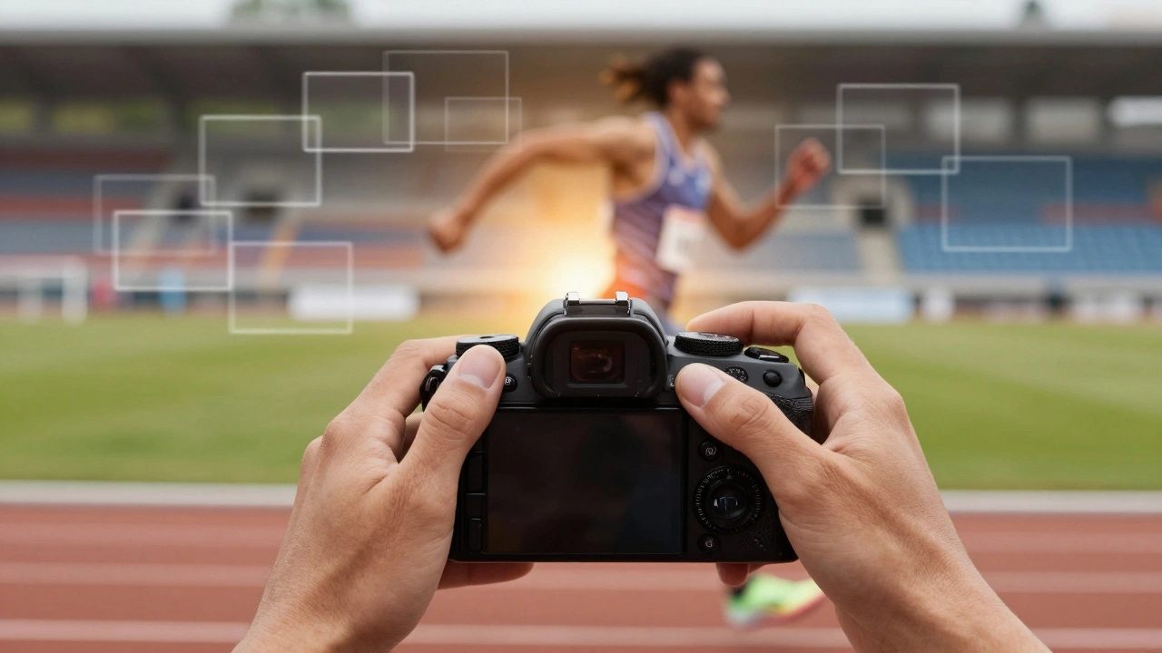 Photographer's hands triggering burst mode as a sprinter crosses the finish line, motion frames floating around.
