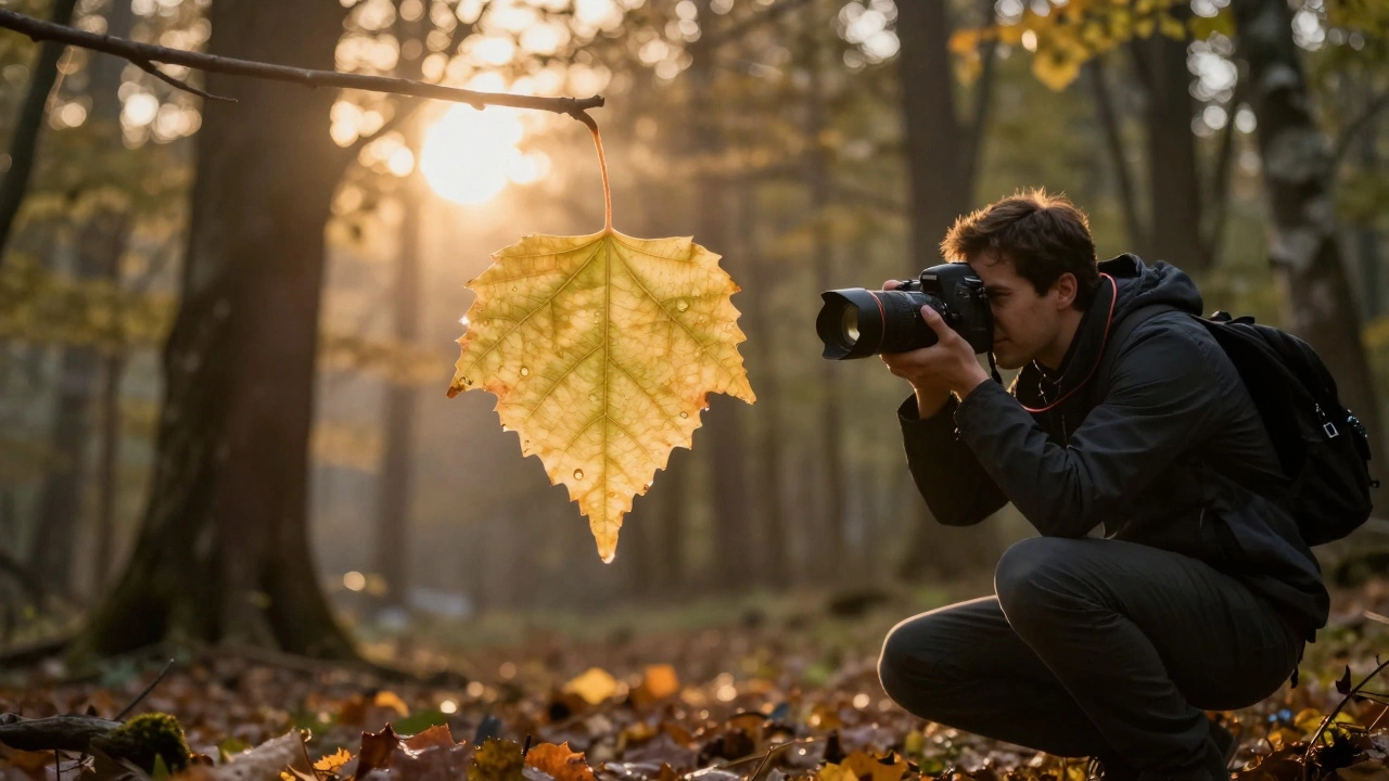 Photographer focusing manually on a backlit birch leaf at dawn, with sunlight creating a luminous halo around delicate veins.
