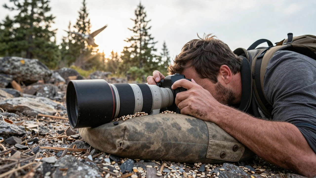 Photographer lying prone, resting a heavy lens on a beanbag filled with beans, capturing a bird in flight across rocky terrain.