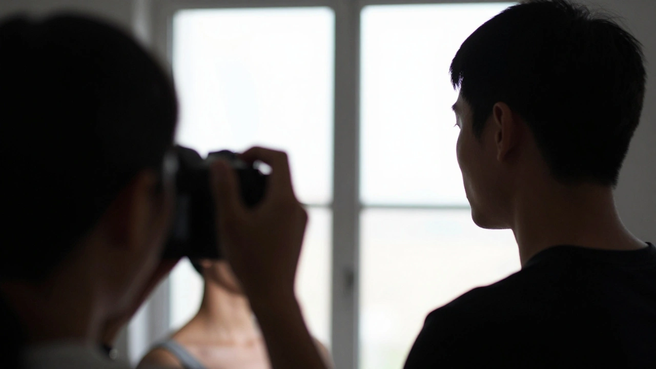 Photographer using reflector to balance backlight on portrait subject