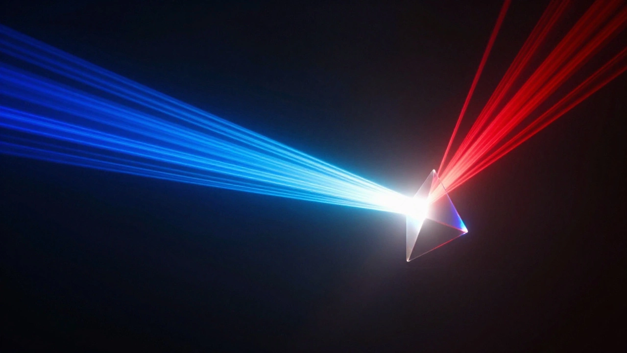 Prism dispersing white light into a rainbow spectrum in darkness.