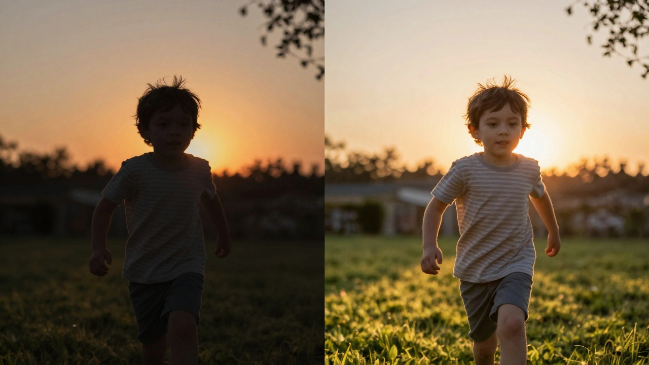 Side-by-side comparison: a blurred silhouette versus a detailed HDR photo of a child running at sunset.