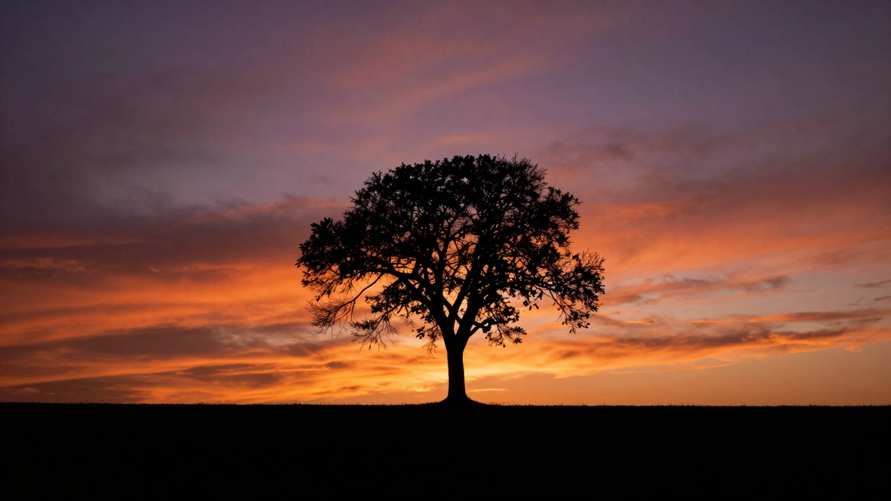 Silhouetted tree against colorful sunset sky preserving highlight details