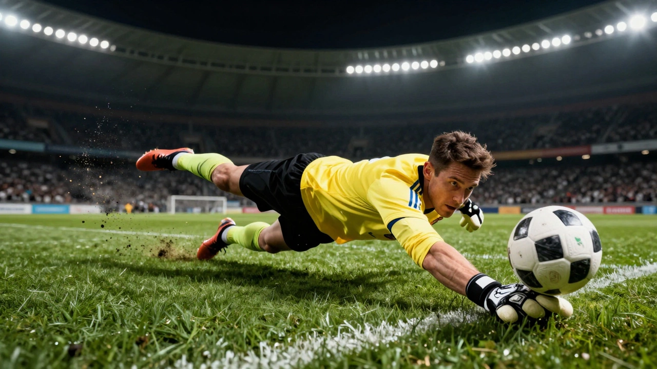 Soccer goalkeeper diving to block a penalty kick, ball frozen mid-air, spray of grass and dirt.