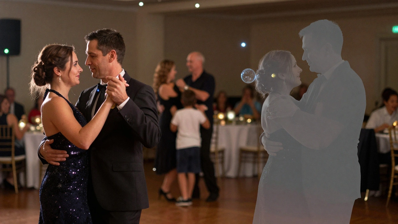 Split image showing a lead photographer capturing the first dance while a translucent second shooter captures emotional moments around them.