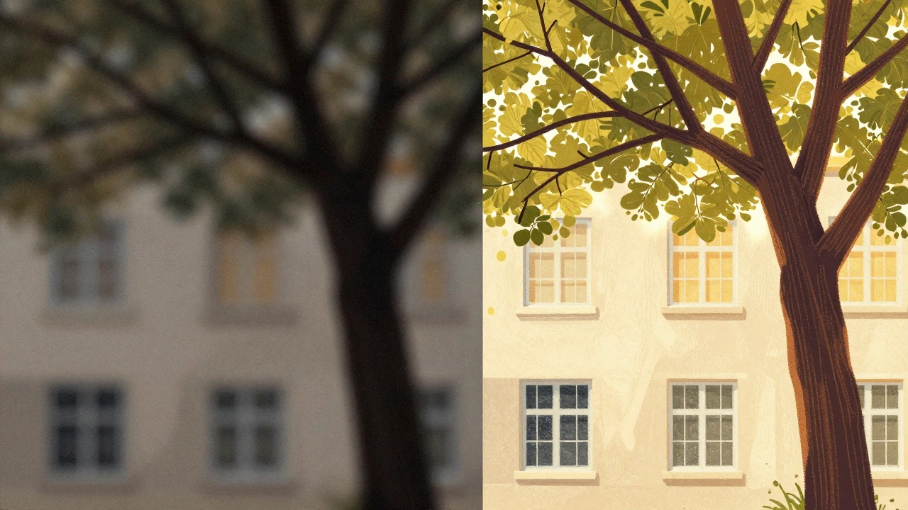 Split-screen showing grainy photo transformed by AI into clean, detailed image