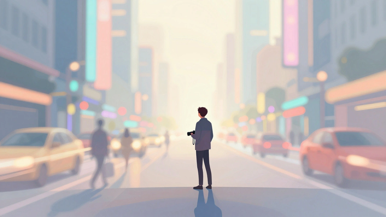 Stylized drawing of person waiting for photo moment.