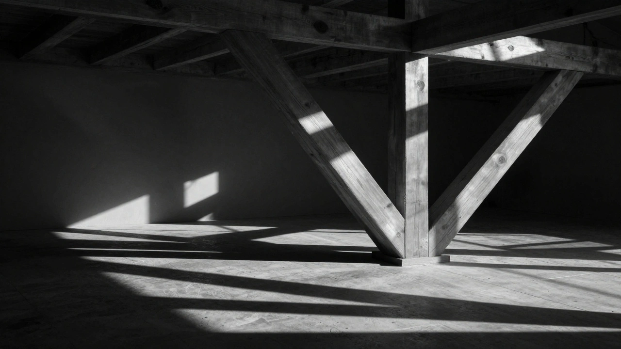 Sunlight casting shadows on wooden beams in monochrome.