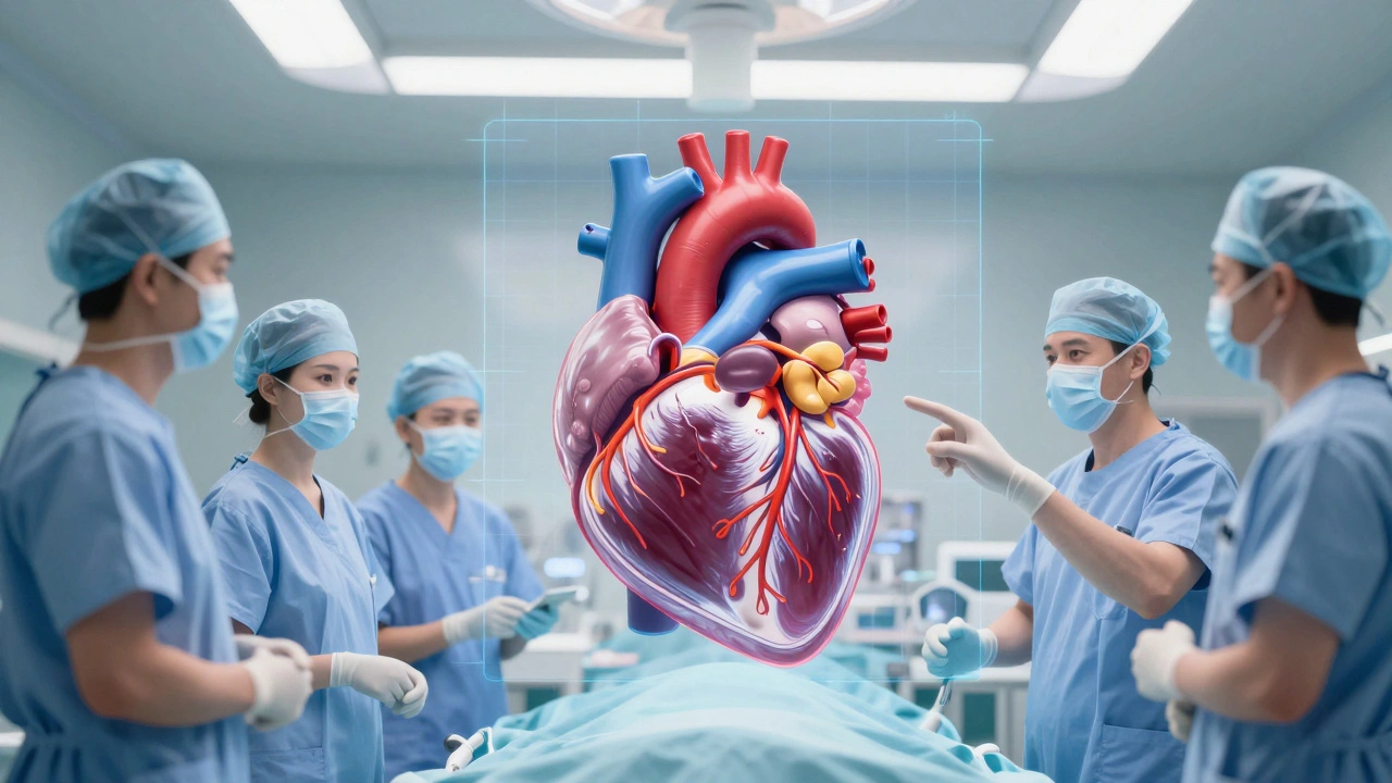 Surgeons examine a detailed holographic heart model during a medical procedure.