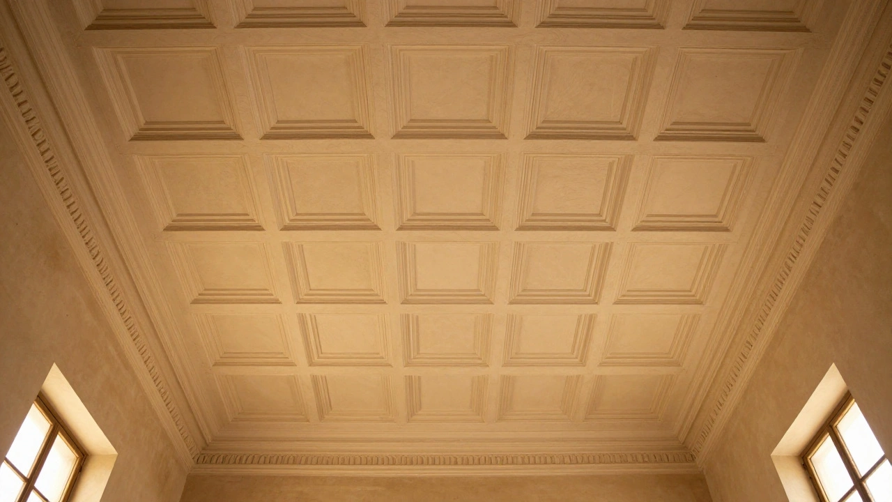 Symmetrical view of ornate ceiling patterns in gold light.