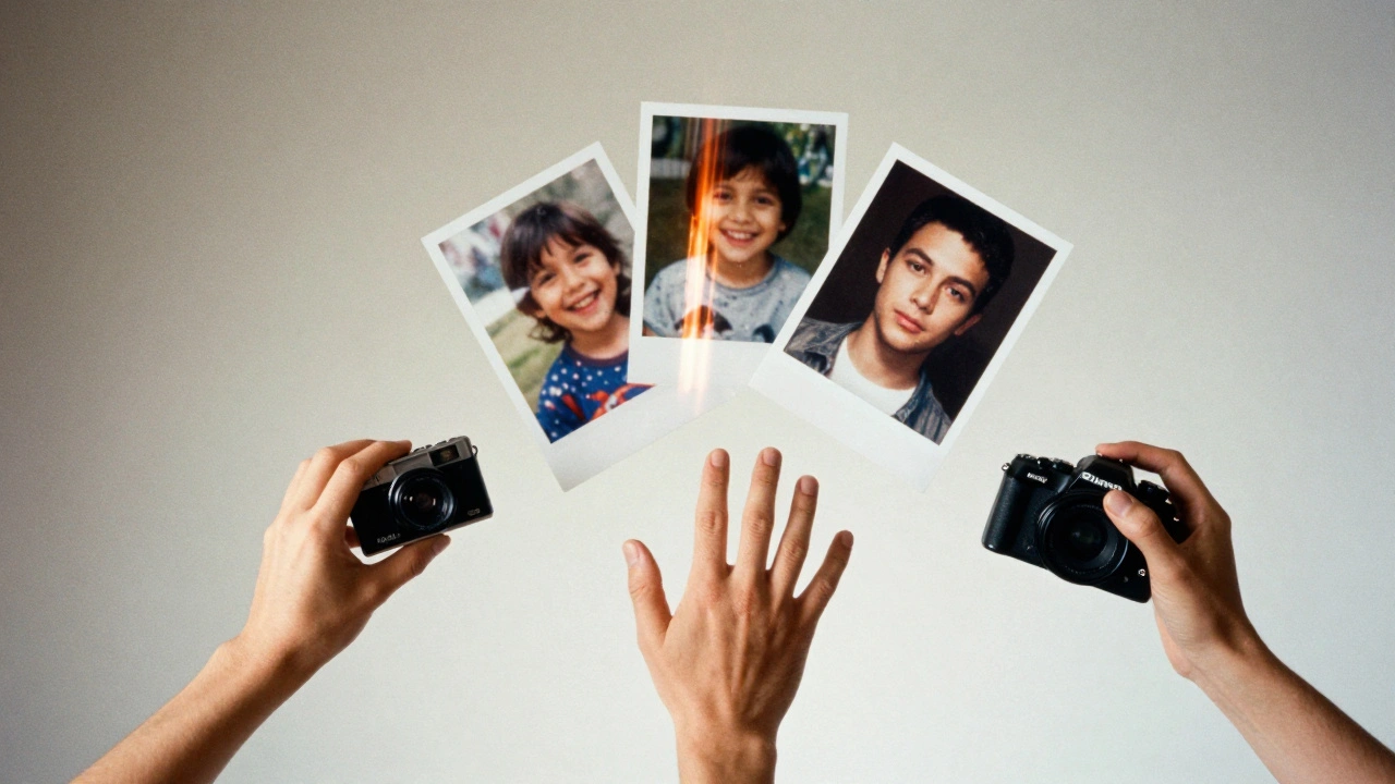 Three hands reaching toward a floating photo blending Holga, Diana, and DSLR aesthetics, dissolving into light and grain.