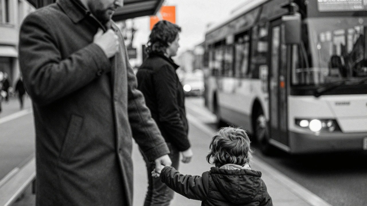 Three motion-blurred figures converge at a bus stop: a man, child, and approaching bus, rendered in soft monochrome.