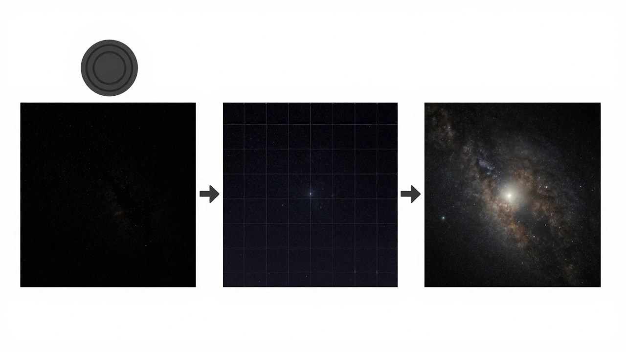 Three-step astrophotography process: dark frame, star alignment, and final stacked image with enhanced detail.